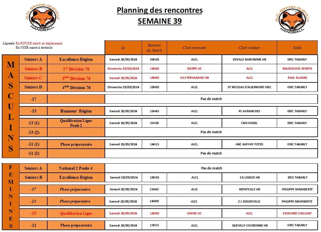 Planning des matchs - ALCL Handball