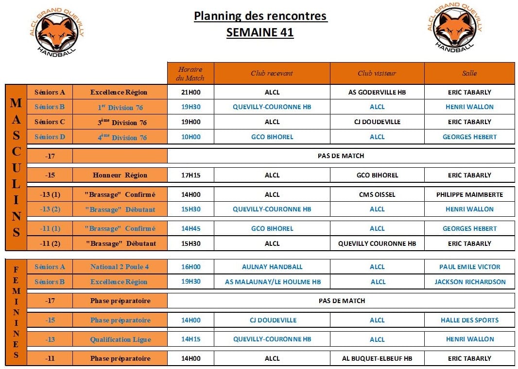 Planning des matchs de la semaine 41 - ALCL Handball
