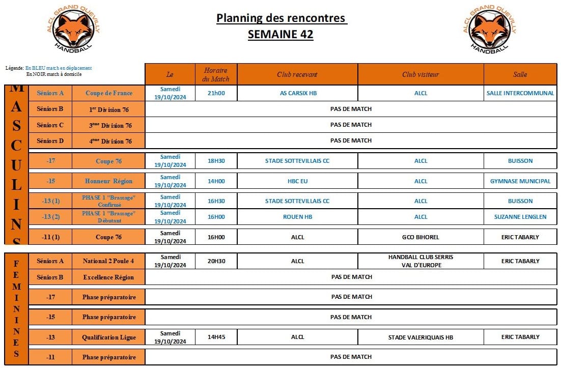 Planning des matchs de la semaine 42 - ALCL Handball