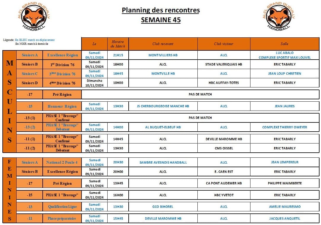 Planning des matchs de la semaine 45 - ALCL Handball