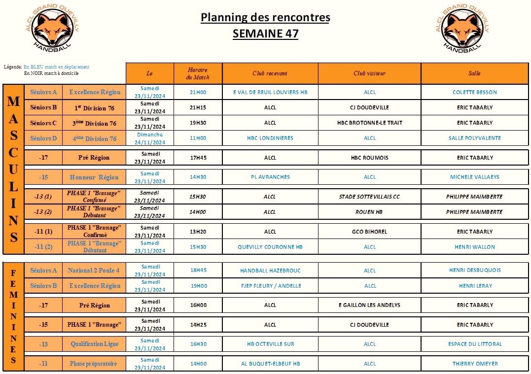 Planning des matchs de la semaine 47 - ALCL Handball