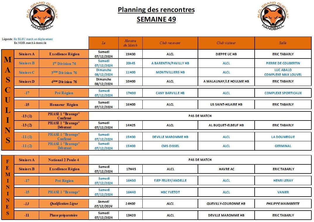 Planning des matchs de la semaine 49 - ALCL Handball