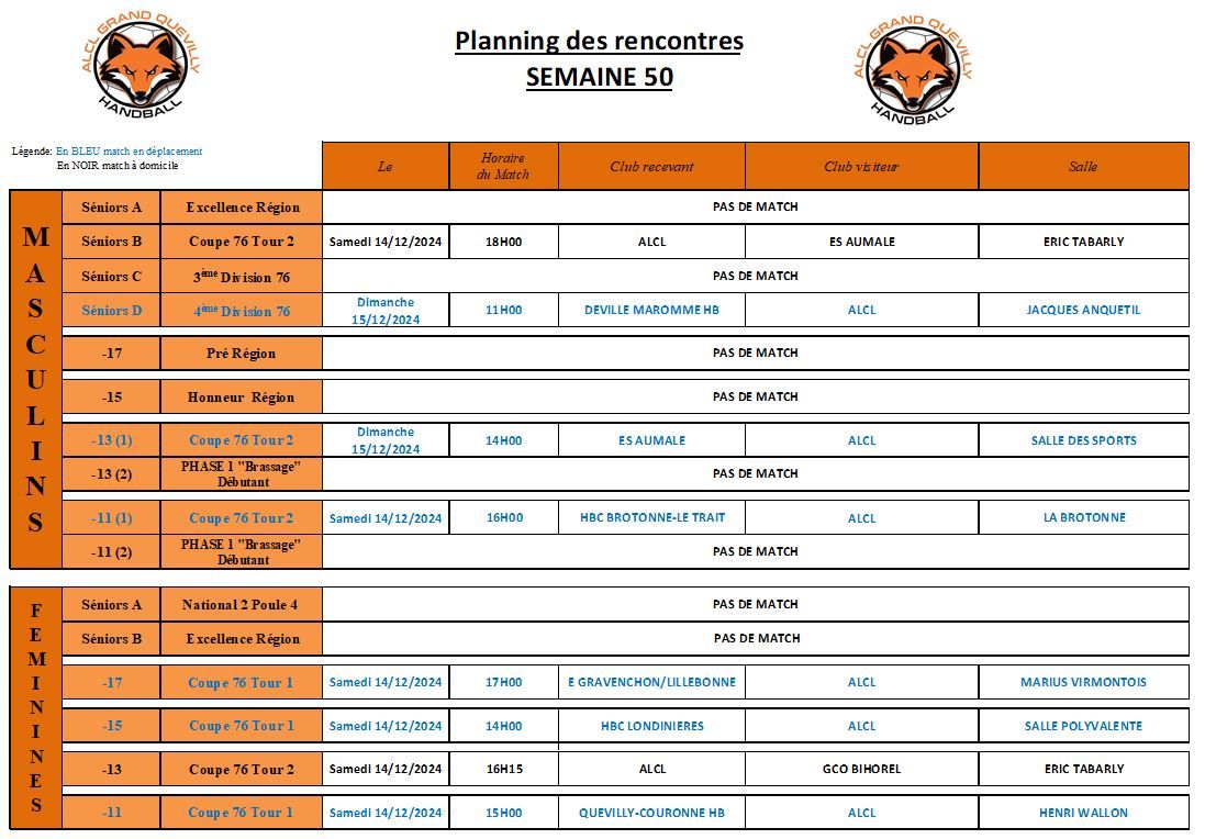 Planning des matchs de la semaine 50 - ALCL Handball