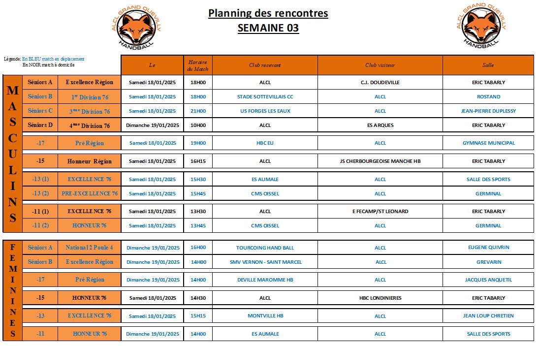 Planning des matchs de la semaine 03 - ALCL Handball