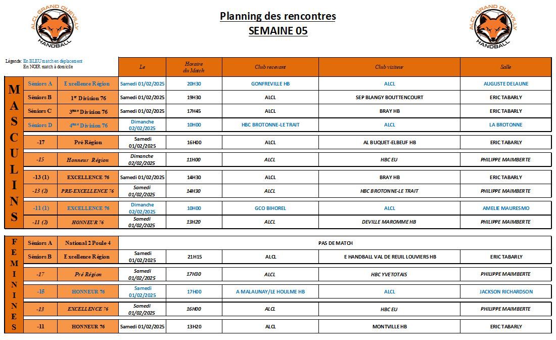 Planning des matchs de la semaine 05 - ALCL Handball