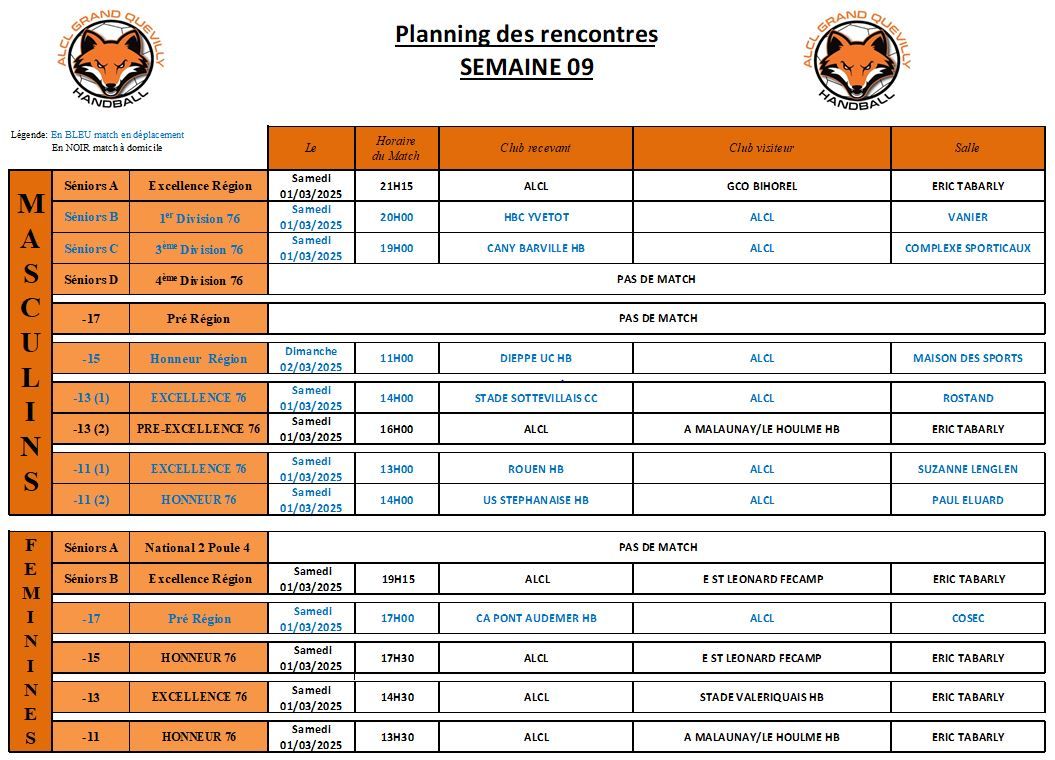 Planning des matchs de la semaine 09 - ALCL Handball