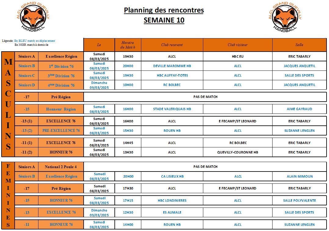 Planning des matchs de la semaine 10 - ALCL Handball